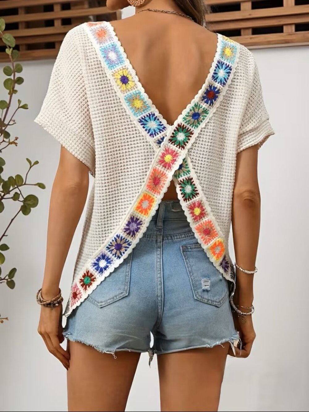Unbranded Beige Waffle Knitโ Open Back Top Rainbow Crochet Trim Boho NEW sz M